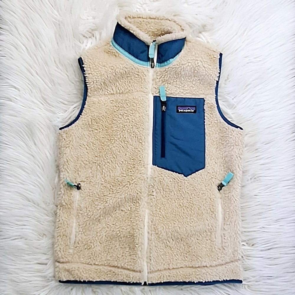 Patagonia Cream and Blue Fleece Vest